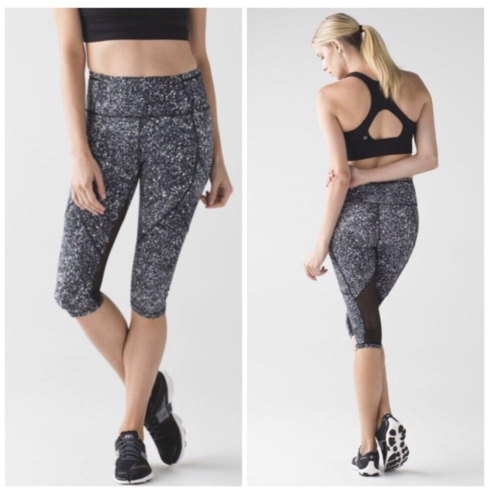 LULULEMON Outrun Cropped 17” Leggings Black White Dot Mesh Panel Size 4